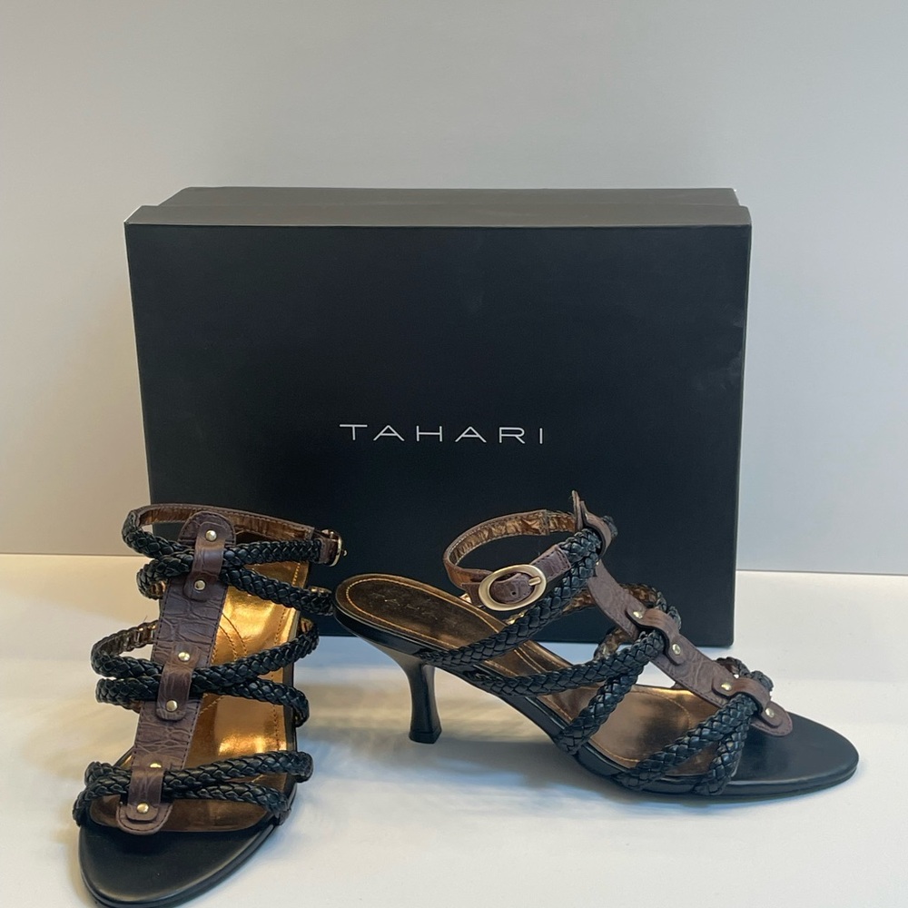 New Beautiful Tahari Women's Black and Brown Leather Strappy Heels